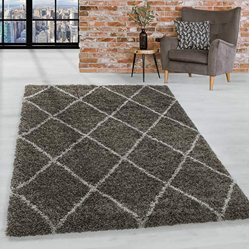HomebyHome Teppich Rund Shaggy 160 cm Rund - Hochflor Runder Teppich Skandi Rauten Taupe Extra Weich und Flauschig - Bettvorleger Teppich für Wohnzimmer, Schlafzimmer, Küche, Flur - Carpet, Halı