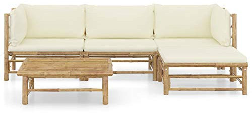 Tidyard 5-TLG. Gartenmöbel mit Cremeweißen Kissen Gartensofa Sitzgarnitur Garnitur Sitzgruppe Loungesofa Gartenset Ecksofa Mittelsofa Fußhocker Bambus Kissen Bambus