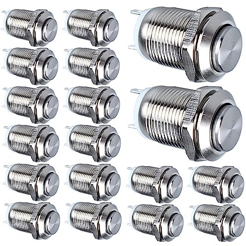 GUUZI 18 Stück 12mm 2A 12V/24V/125V/250V AC Momentan Wasserdichter Drucktaster EIN-Aus Edelstahl Drucktaster (Hoher Kopf)