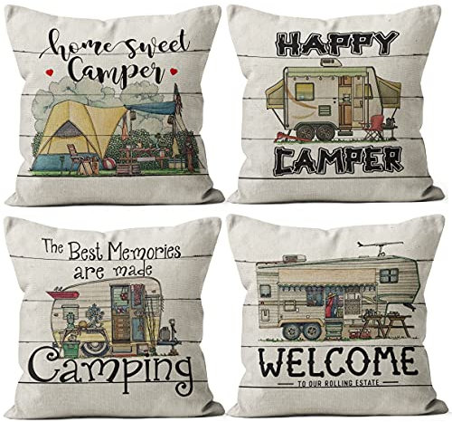 Happy Camper Camp Rules Wurfkissenbezüge, lustige Camper-Dekoration, Camper-Liebhabergeschenke, RV-Kissenbezüge für Sofa, Bett, Couch, Wohnmobil Raumdekoration, Camper RV Outdoor Deko-Kissen