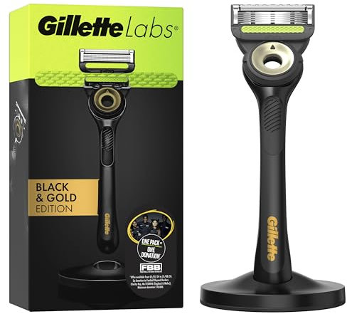 Gillette Labs Herren Rasierer + 1 Rasierklingen-Nachfüllpackung, mit Peelingstab, Geschenk für Männer, inklusive Premium Magnetständer, Black & Gold Edition