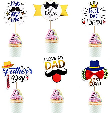 12 Stück Best Dad Hut Fliege Krone Vatertag Motto Party Dekoration Cupcake Topper für Vatertag Thanksgiving Thema Kuchen Dekoration