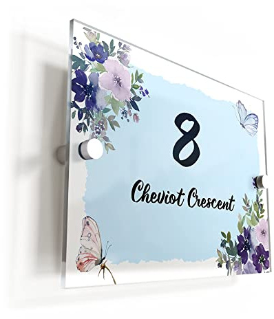 Finger prints - Floral Butterfly Blue Traditional Acrylic House Sign/Plaque Door Number 1-999 Personalised Street Name Plate