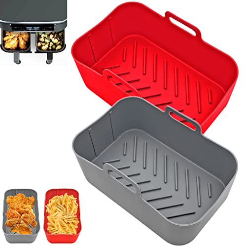 2er-Pack Airfryer Silikonform Zubehör für Ninja Foodi Dual Zone Heißluft-Fritteuse AF300EU, Ninja Air Fryer Silikon Accessories, Silikoneinsatz Einsätze Backform für Heißluftfritteuse (Grau+Rot)