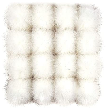 16 Stück Kunstfell Pompon Bommel,Faux Fuchspelz Fellbommel mit elastischer Schlaufe Pom Flauschig Plüsch Bälle Set zum Basteln für Mützen Tasche Schals Schlüsselanhänger Dekoration Zubehör,Weiß