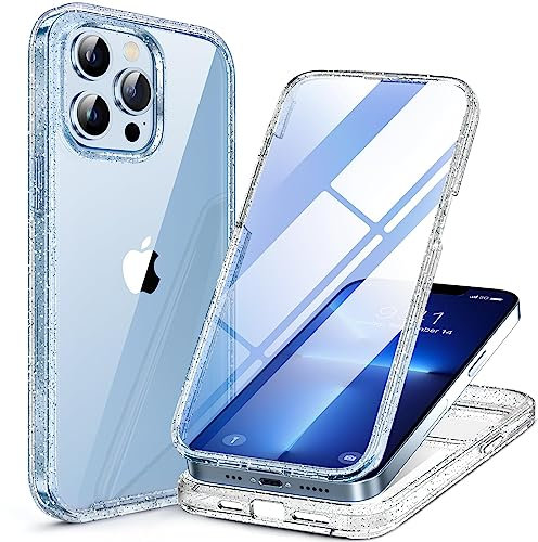 Miracase Glass Case for iPhone 13 Pro Max 6.7 inch, 2023 Upgrade Full-Body Clear Bumper Case with Built-in 9H Tempered Glass Screen Protector for iPhone 13 Pro Max (Clear Glitter)