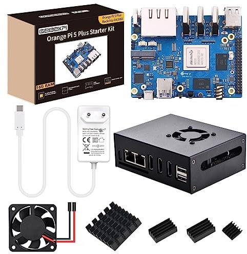 GeeekPi Orange Pi 5 Plus 16GB LPDDR4/4x Rockchip RK3588 8-Core 64-Bit Single Board Computer mit eMMC Socket, OPi 5 Plus Metal Gehäuse mit Lüfter, Official Orange Pi 5V 4A Netzteil für Orange Pi 5 Plus