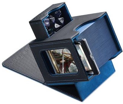 Mage Tech Commander Deckbox für MTG - Patentiertes Design, Commander Display, passt für 100 doppelt eingehüllte Karten, 35pt Magnetkartenhalter & Würfelschale - Schwarz/Blau