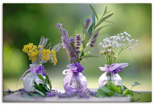 ARTLAND Wanddeko Leinwand Bilder Wandbild 60x40 cm Sommer Glas Deko Arrangement Stillleben Blumen Kräuter Lavendel U4YO