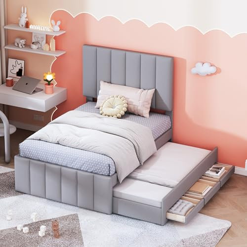 Merax Kinderbett 90 x 200 cm, Jugendbett mit Ausziehbett und Stauraumschublade, Einzelbett mit Stauraum für Kinder & Jugend, Grau (Ohne Matratze)