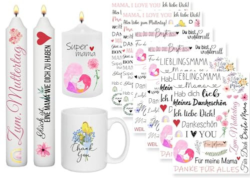 Sugeru 6 PCS Kerzentattoo (200+ Muster) - muttertagsgeschenk,Wassertransferdruck | wasserschiebefolie kerzen | Kerzenfolie | mama mutter mother frauen geschenk geburtstag, mama surprise (Mama)