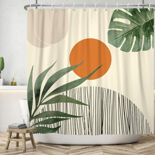ASDCXZ Boho Duschvorhang 180x240 cm, Modern Abstrakt Kunst Orange Sonne Grün Blätter Schwarz Linie Gelb Bad Waschbar Duschvorhänge Polyester Textil Wasserdicht Duschvorhang für Badewanne mit 12 Haken