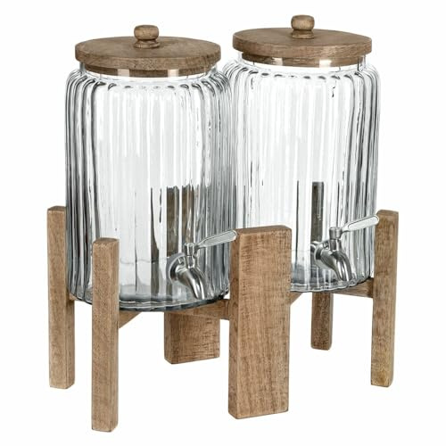 LOBERON Getränkespender 2er Set Ebeyin, mundgeblasen, geriffeltes Design, mit Zapfhahn, Tischaccessoire, Wasserspender, Glas, Edelstahl, Mangoholz, klar/braun