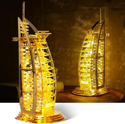 GalaSpark 3D-Puzzle Burj Al Arab Gebäudemodellbausatz, DIY Dubai Wahrzeichen Gebäudemodell mit LED-Licht, Heimdekoration Festivalgeschenk für Erwachsene und Kinder 100-teilig (Golden)
