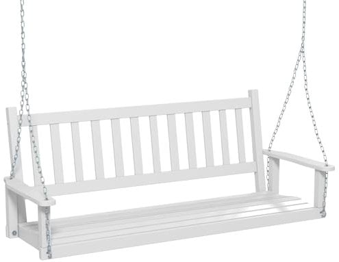 KOMFOTTEU Columpio de Madera de Álamo de 2-3 Plazas, Banco Colgante con Cadenas Ajustables de Metal, Silla Hamaca con Respaldo de Listones, Asiento Suspendido de Jardín (Blanco, 168 x 65 x 63 cm)
