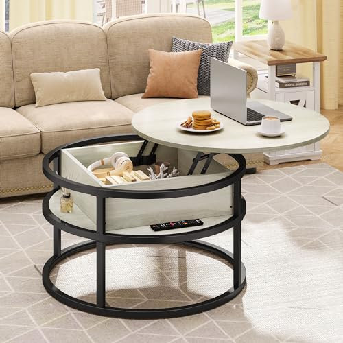 DWVO Couchtisch für Wohnzimmertisch Höhenverstellbar, Runder Couchtisch Eiche 80X80X47cm, Couchtisch mit Verstecktem Fach, couchtisch modern, Kleiner Couchtisch mit Robuster Metallrahmen