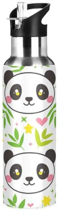 Niigeu Mignon Bébé Panda Bouteille d'eau Isotherme avec Paille en Acier Inoxydable Gourde, Sans BPA Gourdes Eau pour Enfant Sport Randonnée École Bureau (600ml/1L)