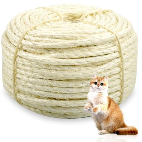 Corde en sisal naturel pour griffoir à chat, 0,6 cm de diamètre, 100 m, corde en sisal naturel pour réparer les griffoirs, la tour à chat, corde de réparation d'arbre à chat, corde de remplacement et