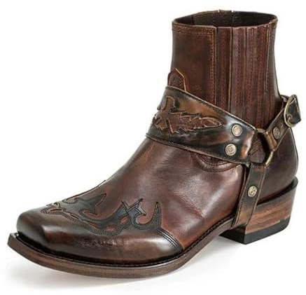 LMUIPMAA Botas Vaqueras Occidentales para Hombre Cuero De PU Punta Cuadrada Botines De Tacón Bloque Botas Ecuestres De Montar,Dark Brown,44 EU