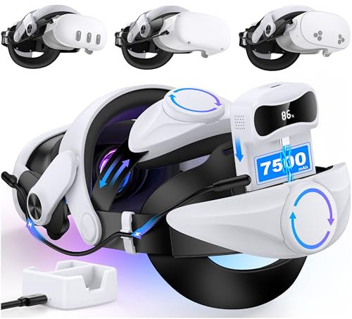 Adjustable Head Strap Compatible with Meta Quest 3/Quest 2 with 7500 mAh Battery and Charging Station, Head Strap for Meta Quest 3 Elite Strap with Battery, Replacement Elite Strap VR Accessories,