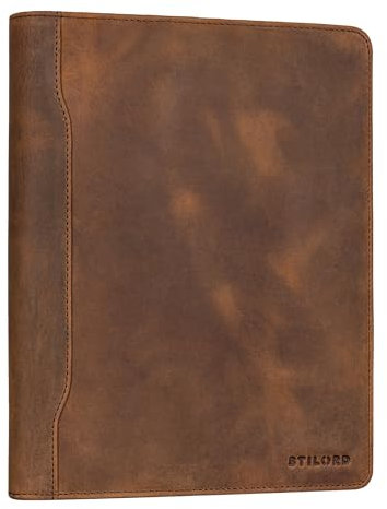 STILORD 'Roland' Echtleder Konferenzmappe A5 für Damen und Herren mit Reißverschluss | Handliches DIN A5 Format | Business Dokumentenmappe Mappe Leder, Farbe:Sepia - braun