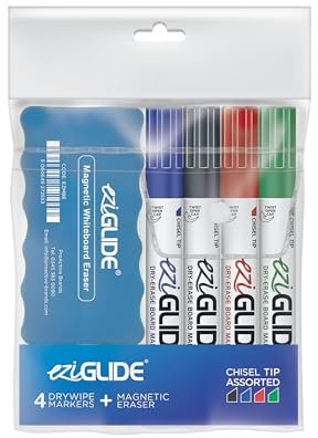 Eziglide 4-Pack Chisel Tip Whiteboard Markers with Magnetic Eraser - Dry Wipe Pens for Whiteboard, Flip Chart, School, Classroom - 4 Assorted Colours (Black, Red, Blue & Green)