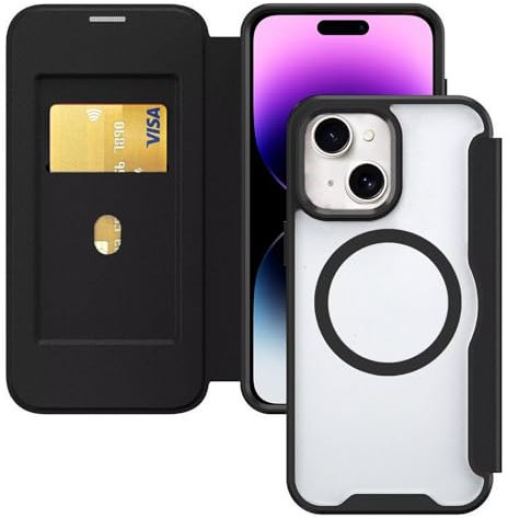 HAONANDE Magnetisch Handyhülle für iPhone 13 / iPhone 14, Klapphülle Kompatibel mit MagSafe, RFID Blocker, Kartenfach, PU Leder Flip Stoßfest Schutzhülle Klar Case Schwarz