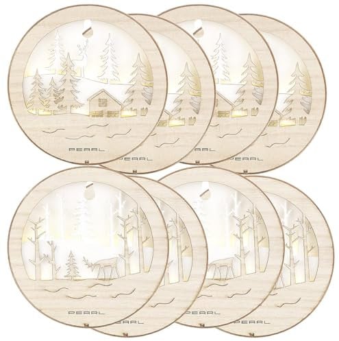 Lunartec Holz Bild: 8er-Set leuchtende Echtholzbilder, warmweiße LEDs, Batteriebetrieb (Holzbild 3D, Weihnachtliche LED Echtholzbilder, Weihnachtsbaumbeleuchtung)