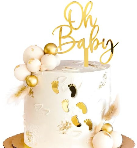 BOOMTOP 7pcs Oh Baby Cake Topper Gold Fußabdrücke Baby Tortendeko Acryl Babyparty Deko Mädchen Junge Kuchen Topper Baby Shower Dusche Tortenstecker Geburtstag Gender Reveal Kuchenaufsatz