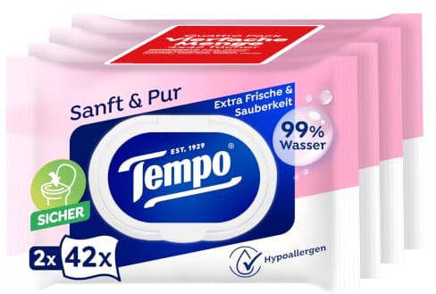 Tempo Moist Toilet Tissues ​ Gentle & Pure 4 x 42 Wipes ​