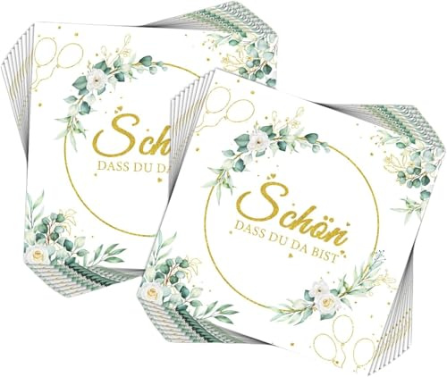40Stück Servietten Schön dass du da bist Eukalyptus Grün,Servietten Hochzeit Geburtstag, Papierserviette Salbeigrün Babyparty Taufe Kommunion Tischdeko 33x33cm