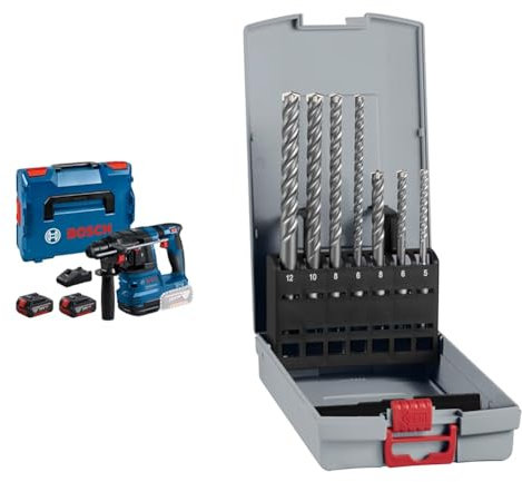 Bosch Professional 18V System Akku Bohrhammer GBH 18V-22 (inkl. 2x 4.0Ah Akku, Schnellladegerät GAL 18V-40) + 7x PRO SDS plus-5X Hammerbohrer-Set (für Beton, Kalk- und Sandsteine, Ø 5-12 mm, Zubehör)