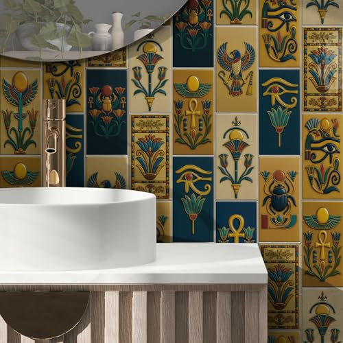 Stick on Tiles 20x10 cm Indian Yellow Blue Tile Stickers for Kitchen Bathroom Cupboard Decoration PVC Waterproof Oil Proof Peel and Stick Self Adhesive Wall Tiles 64 Pcs