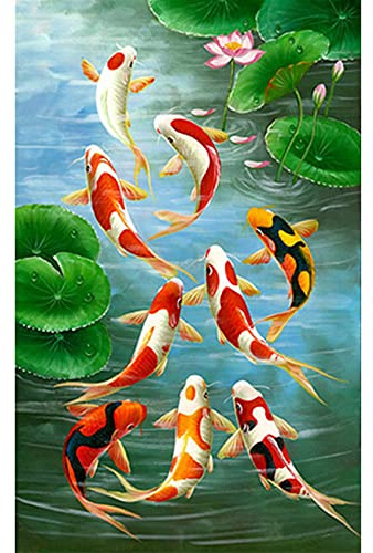 Fuhjythy 5D Art Round Full Diamond Carp Kits Embroidery Home Decors