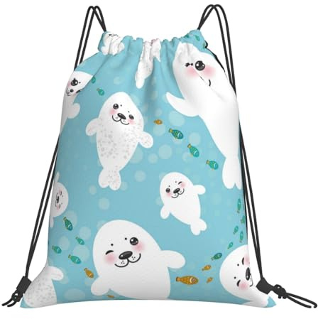 YOFIEN Niedlicher, lustiger Robben-Rucksack, wasserabweisend, Kordelzug, Einkaufstasche für Damen und Herren, Sport, Fitnessstudio