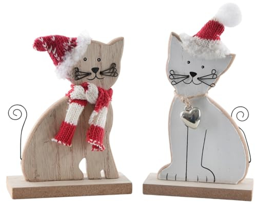 Logbuch-Verlag Weihnachtsdeko Katzen 2er-Set aus Holz 16 cm Weihnachten Winterdeko Katzenfiguren mit Mütze Schal Herz – Deko Katze, Geschenk für Katzenliebhaber