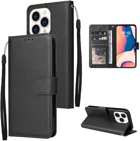 WOWUDI Wallet Case for iPhone 5/5S with Strap,for Women Men,[3 Card Slots] [Wrist Strap] with Magnetic Closure Kickstand Wrist Strap Shockproof Flip Case–Black