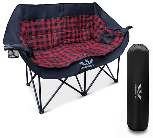 MOUNTAIN LOOK Double Camping Chair,Folding Padded 2 Seater Portable chair, Oxford Fabric, Heavy Duty Steel Frame, 300kg Capacity,Outdoor Fishing Garden, Cup Holders and Storage Pocket, 90x140x49cm