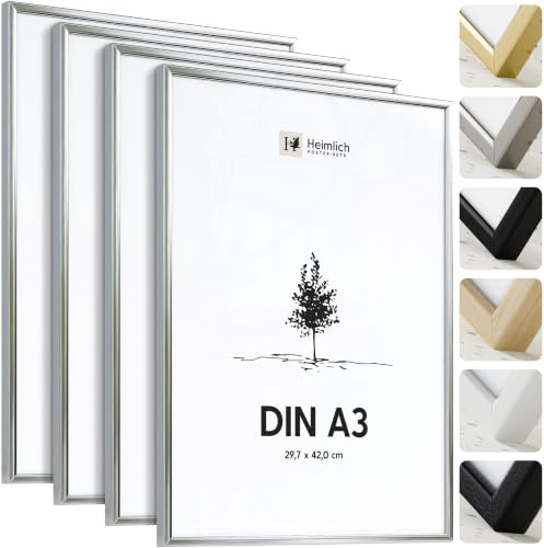 Heimlich® - Marco de Fotos - A3 30x42 cm, Aluminio Metal, Plata, Pack de 3 - Marcos para Documentos Certificados Diplomas con Cubierta de Plástico - Exhibición de Pared