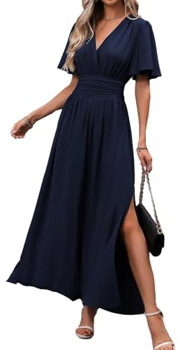 LIAMERHE Women's Elegant V Neck Maxi Dress Summer Short Flutter Sleeve Smocked High Waist Wrap Party Dress with High Slit for Wedding Guest Cocktail Ladies Casual Long Dress Navy Blue L
