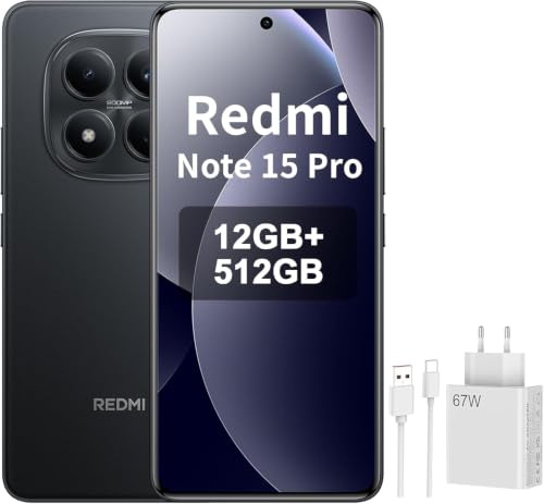 XIAOMI REDMI Note 15 Pro 4G Smartphone da 12+512GB, Batteria da 6500 mAh, Fotocamera da 200 MP, Display AMOLED FHD+ da 6,77 pollici, Nero, Included 67 W Charger