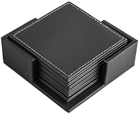 Likeluk sous-Verre, Lot de 6 sous-Verres en Cuir Isolant avec Boîte de Rangement Décor pour Table Bureau Maison - Carré Noir