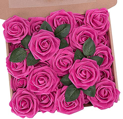 N&T NIETING Artificial Flowers, 25Pcs Foam Roses Perfect for DIY Wedding Bridal Bouquets Centerpieces Bridal Shower Party Home Flower Arrangement Decor, Hot Pink