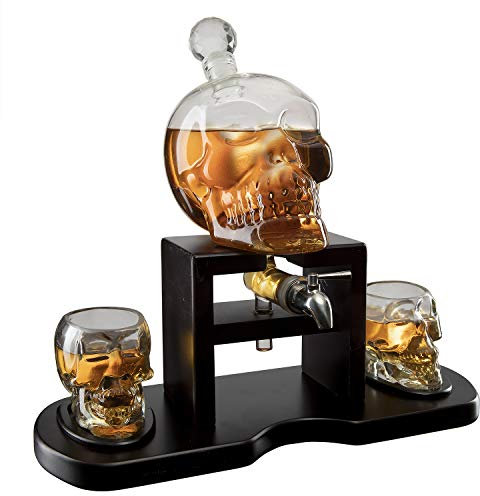 Skull Whiskey Decanter Set 750 mL with 2 Skull Glasses 3oz and Mahogany Wooden Base The Wine Savant with Spigot