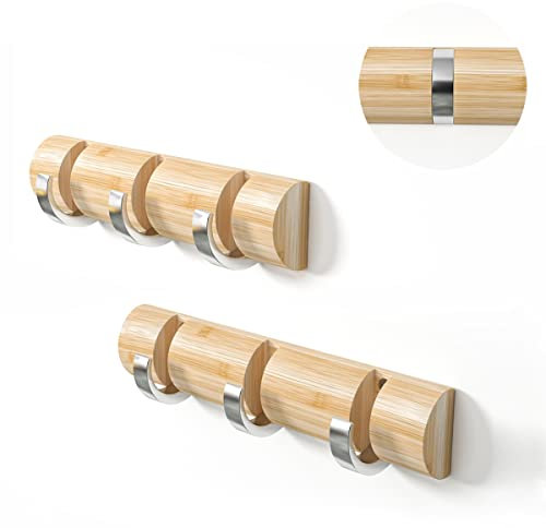 2 Sets Coat Hook Rack Wall Hanger Mounted Coat Hooks for Wall Bamboo Embedded Screws and Foldable Hangers for Jackets, Coats, Hats, Bags, keys Holds 20kg Eco-Friendly Waterproof (Natural, 3 Hooks *2)