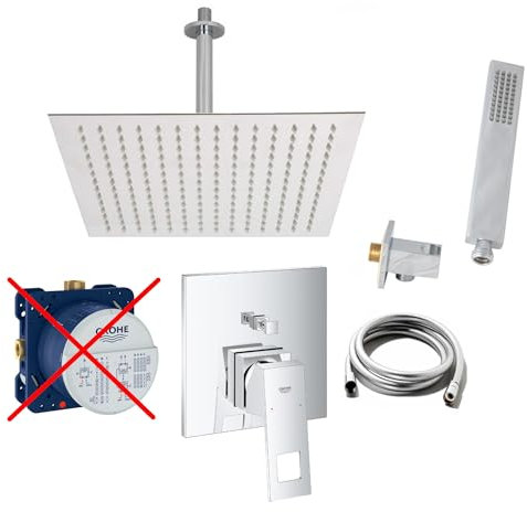 vanvilla Duschsystem mit Unterputz Duscharmatur von Grohe Eurocube Einhebelmischer und vanvilla Regendusche mit Armatur, Duschkopf eckig, Dusch-SET G17-ob poliert