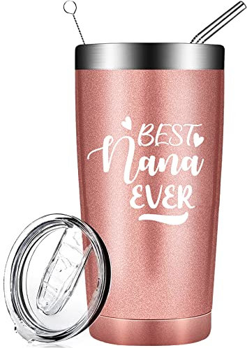 RNFENQS Best Nana Ever Gifts 20 OZ Tumbler with Lid and Straw, World's Best Nana Mimi Gigi Tumbler Cup, Mother's Day Christmas Vacuum Insulated Stainless Steel Travel Coffee Mug for Grandma Rose Gold