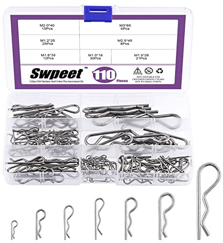 Swpeet 110 Stück 304 Edelstahl Splinte Haarnadel Anhängerkupplung Pin R-Form Clips Verschluss Montage-Sortiment Kit mehrere Größen Haarnadeln R Clips Verschluss Set