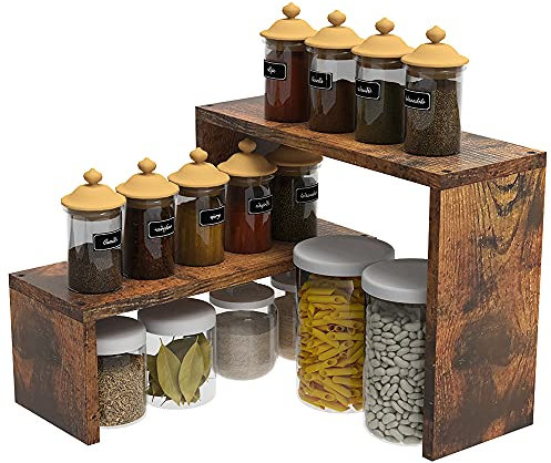 VEDECASA 2 estantes apilables para especias de esquina para encimera de cocina y organizador de despensa, estante de madera marrón rústico para almacenamiento de escritorio
