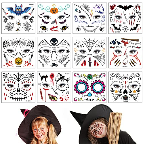 Halloween Temporäre Tattoos für Kinder, 12 Blatt Halloween Make-up Aufkleber Gesicht Tattoo Aufkleber für Kinder Mädchen Jungen Kinder Halloween Party Dekorationszubehör